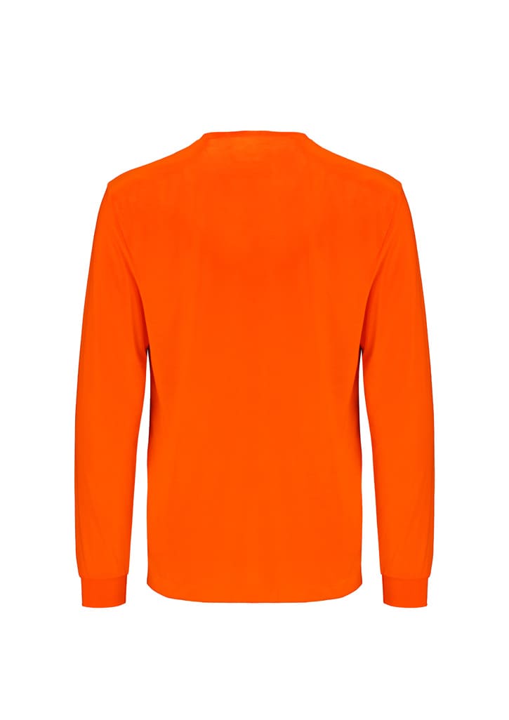 An orange long sleeve safety tee, featuring a simple design and a logo on the back.