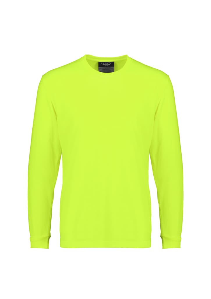 A long sleeve tee in bright hi-vis yellow, featuring a plain design and a logo on the label.