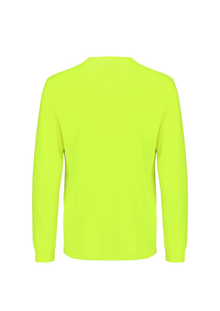 A bright yellow long sleeve tee with a plain back and a logo on the upper back.