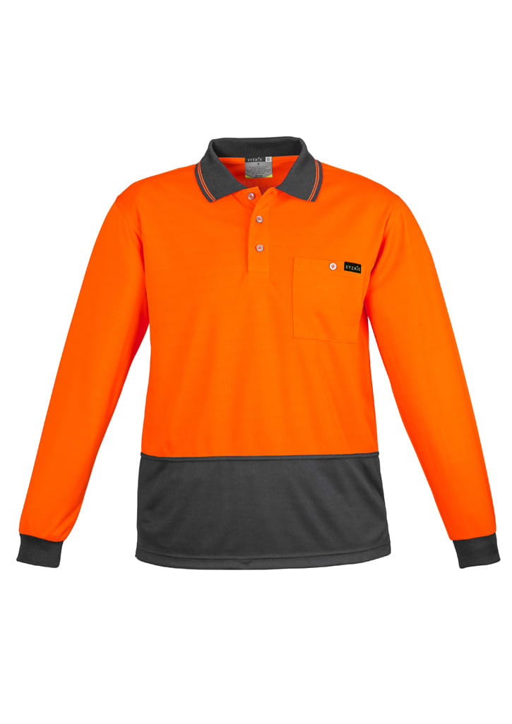 An orange and grey long sleeve polo shirt with a pocket and a logo on it.