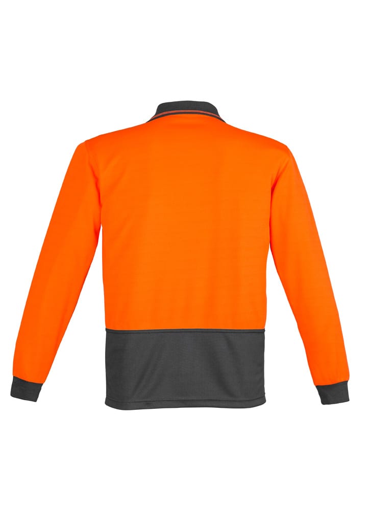 A bright orange long sleeve polo shirt with a black lower section and cuffs, featuring a logo on the front.