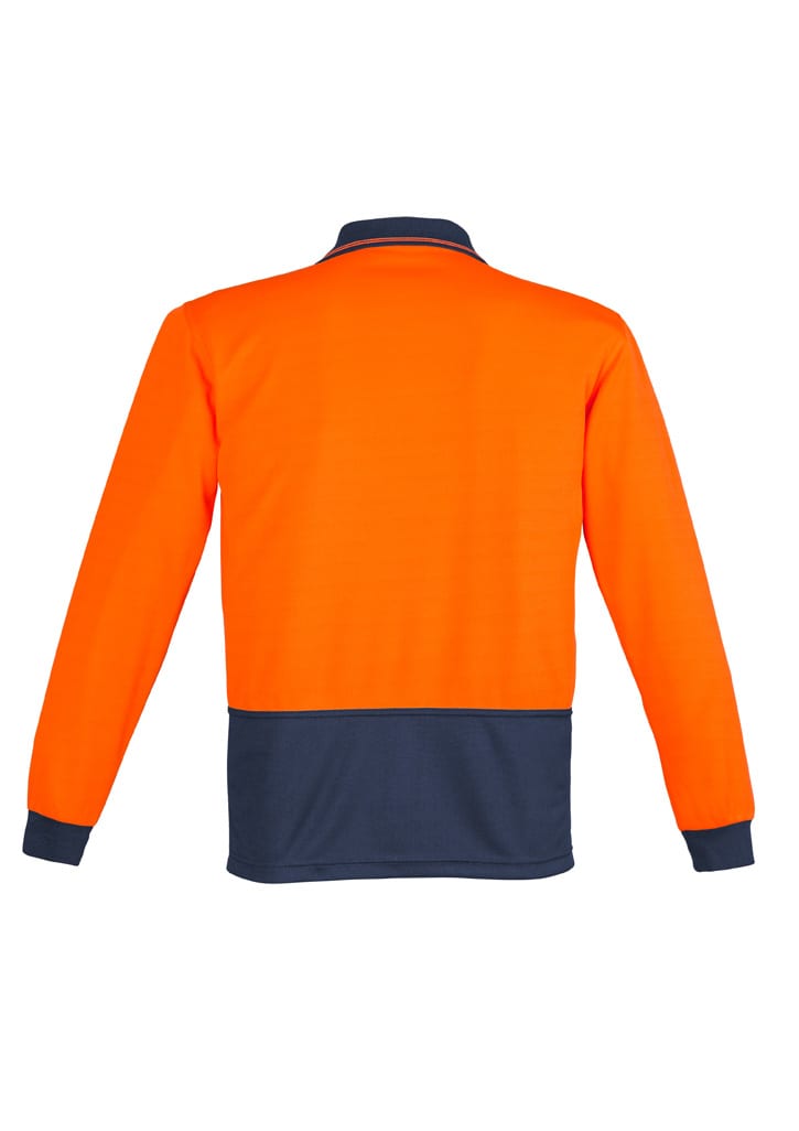 A long sleeve polo shirt in bright orange with a navy back, featuring a collar and cuffs. Includes a logo.