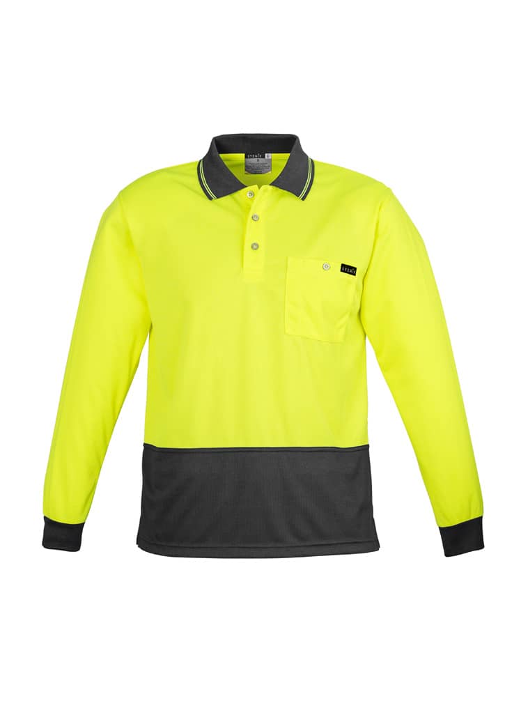 A long sleeve polo shirt in high visibility yellow with a black lower section and a chest pocket. It features a logo.