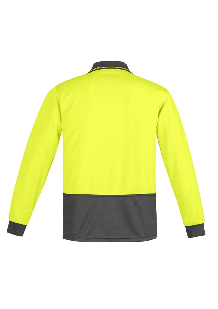 A high visibility long sleeve polo in bright yellow with a dark grey bottom and cuffs, featuring a logo.