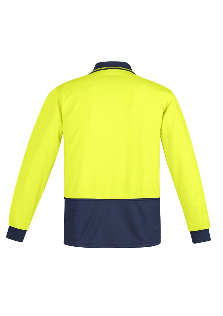 A long sleeve polo shirt in fluorescent yellow with a navy blue lower section and a collar. It features a logo.