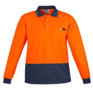 Hi-vis long sleeve polo shirt in bright orange with a navy blue bottom portion and a pocket. Features a logo.