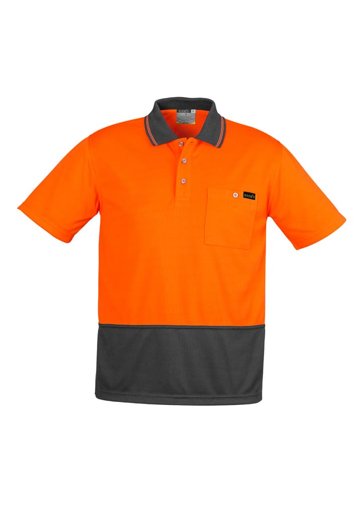 An orange and grey short sleeve polo shirt with a pocket and a logo on the chest.