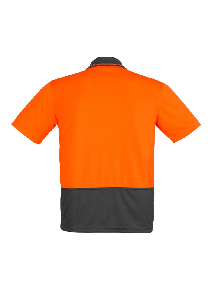 A short sleeve polo shirt featuring a high visibility orange front and a grey back, with a logo on the collar.
