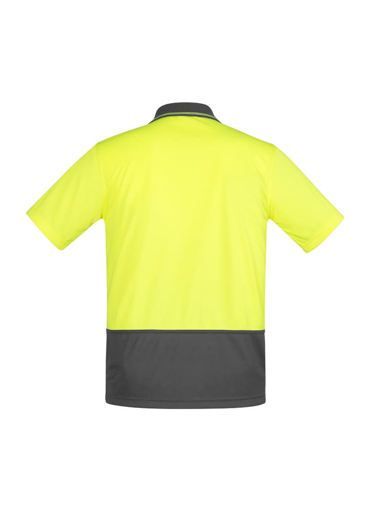 A men's short sleeve polo shirt in hi-vis yellow with a dark grey back and a logo.