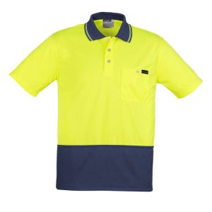 A short sleeve polo shirt in high visibility yellow with a navy blue bottom and one chest pocket. It features a logo.