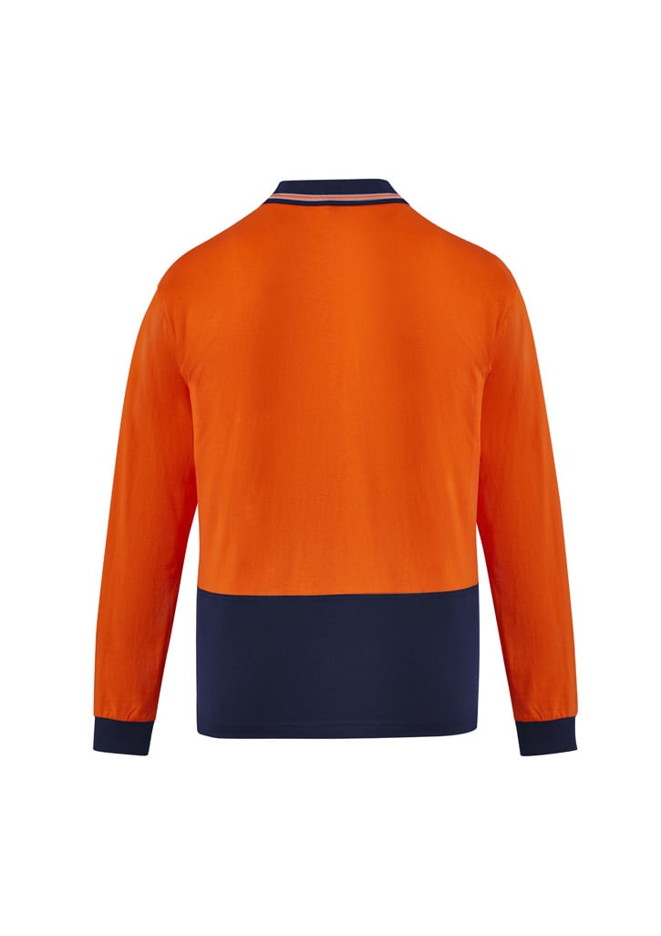 A long sleeve polo shirt featuring a bright orange upper section and a navy blue lower section, with a collar and branding.