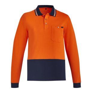 A long sleeve polo shirt in orange with a navy bottom and contrast detailing, featuring a pocket and a logo.