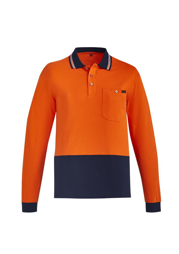 A long sleeve polo shirt in orange with a navy bottom and contrast detailing, featuring a pocket and a logo.