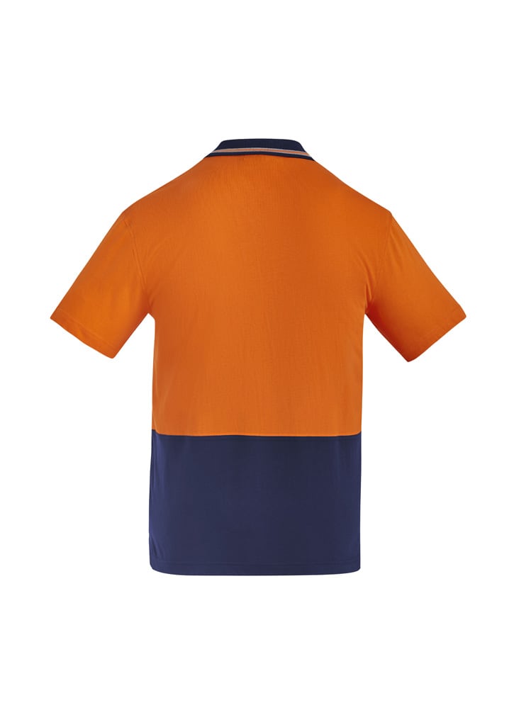 A short sleeve polo shirt featuring a bright orange upper half and navy blue lower half, with a simple logo.