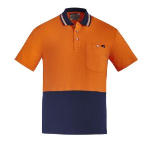 Men's high visibility short sleeve polo in orange and navy, featuring a pocket and a logo on the chest.