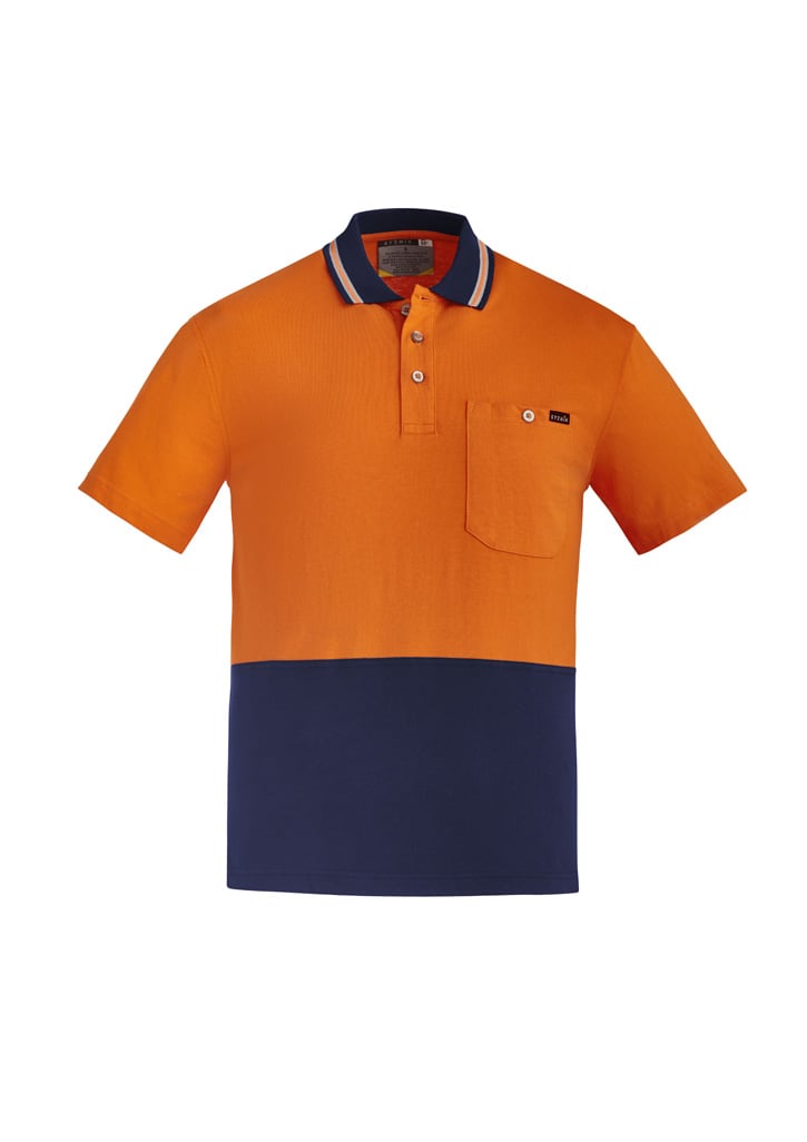 Men's high visibility short sleeve polo in orange and navy, featuring a pocket and a logo on the chest.