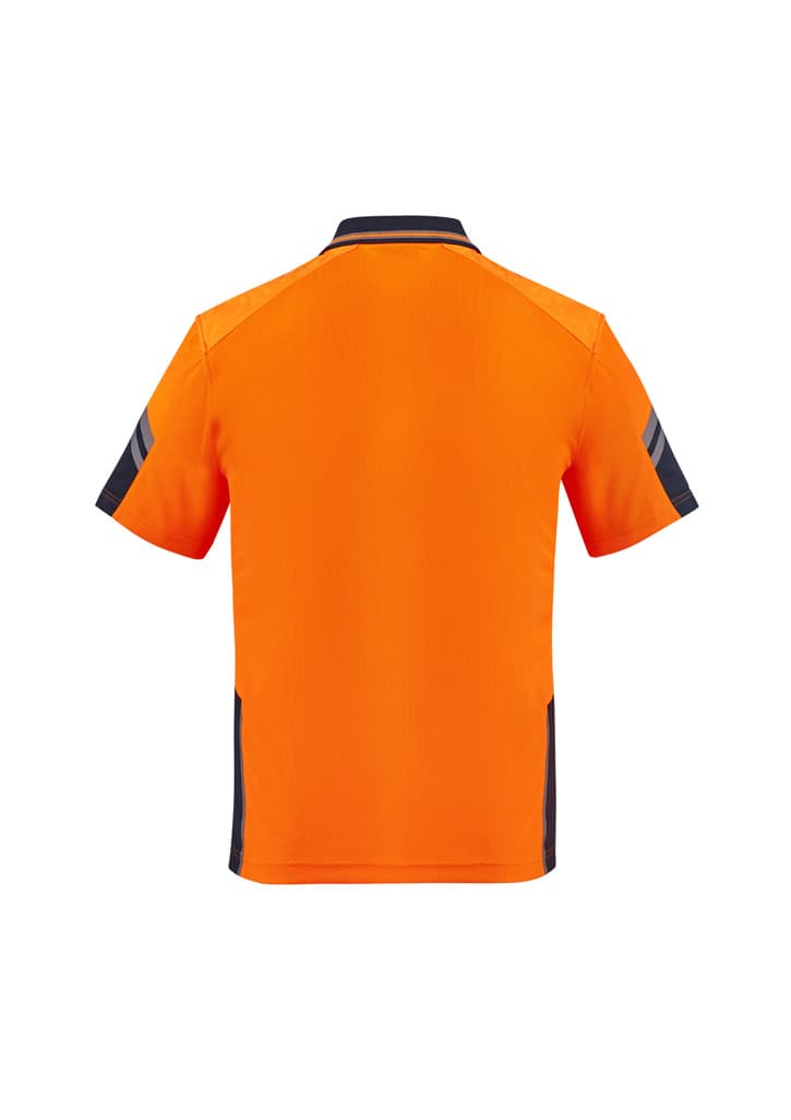 An orange polo shirt with short sleeves and reinforced details, featuring black accents and a logo.