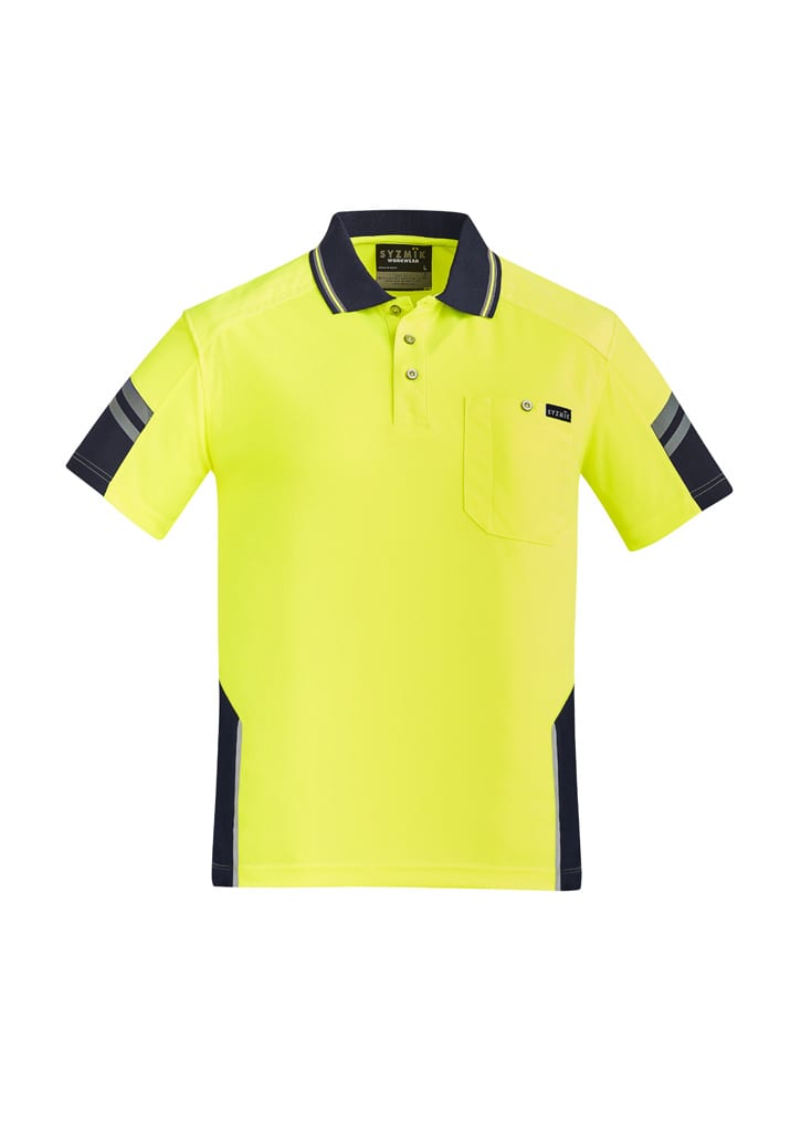 A bright yellow short sleeve polo shirt with navy accents and a chest pocket, featuring a logo.