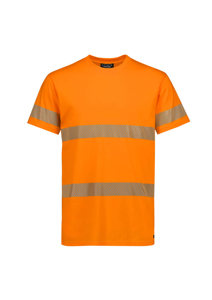 An orange cotton T-shirt with reflective segmented tape stripes and a logo. Suitable for workwear.