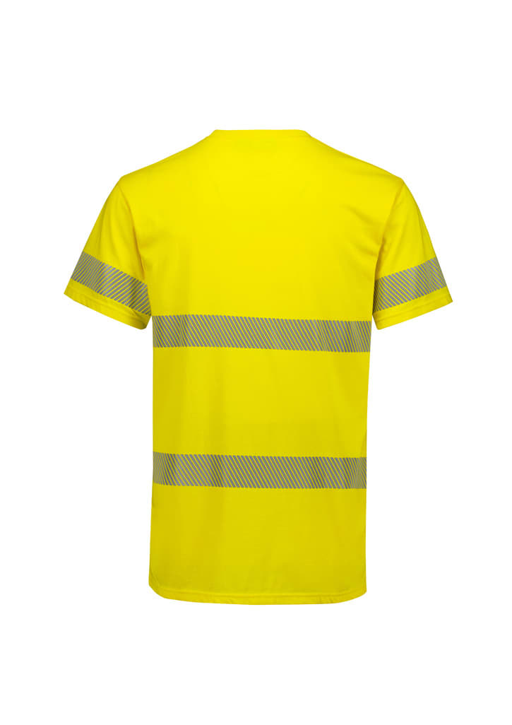 A bright yellow men's tee shirt with segmented reflective tape across the chest and back. It has a logo on the front.