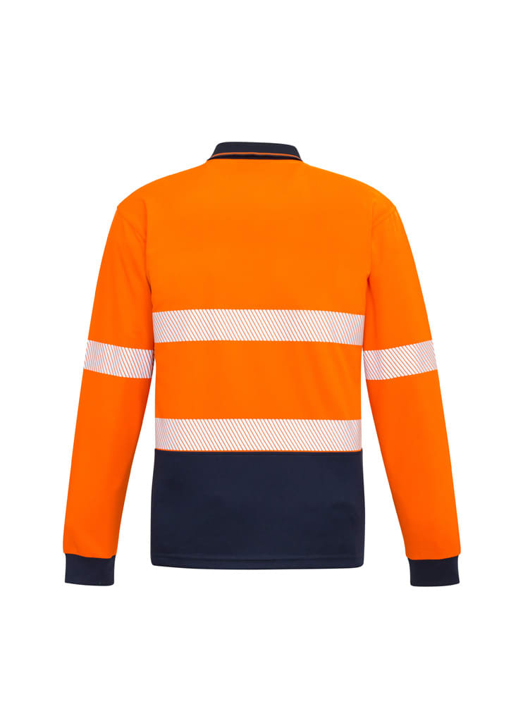 A long sleeve polo shirt in orange with segmented reflective tape and a navy collar. Features a branding logo.