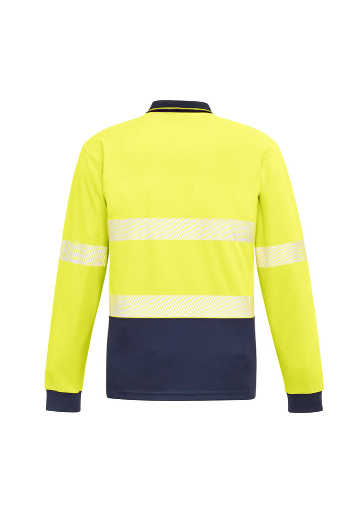 A long sleeve polo in hi-vis yellow with navy segments and reflective tape, featuring a collar and long sleeves.