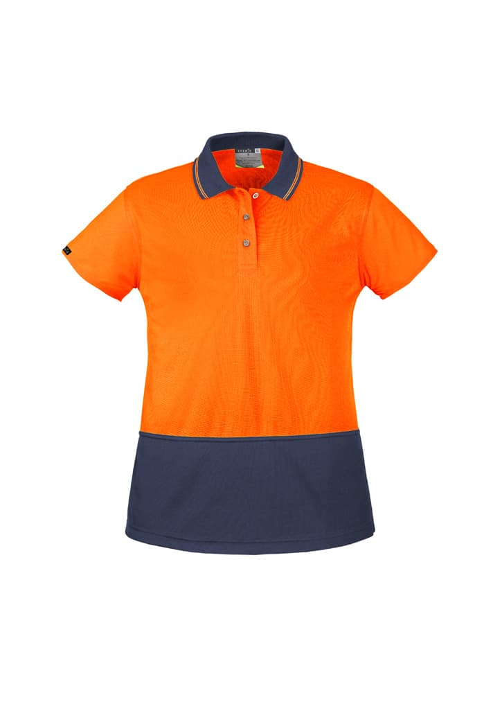 A women's hi-vis short sleeve polo shirt in bright orange with a navy blue bottom and a collar. It has a logo.