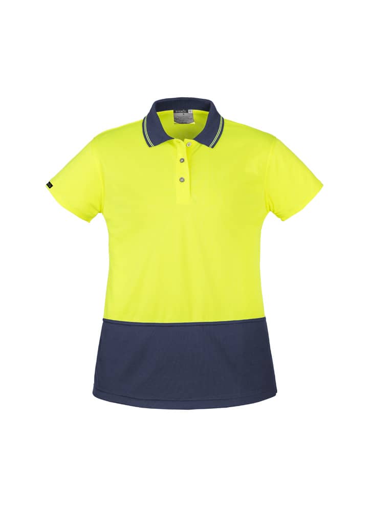 A women's short sleeve polo shirt in high visibility yellow with a navy blue bottom panel. It features a collar and buttons.