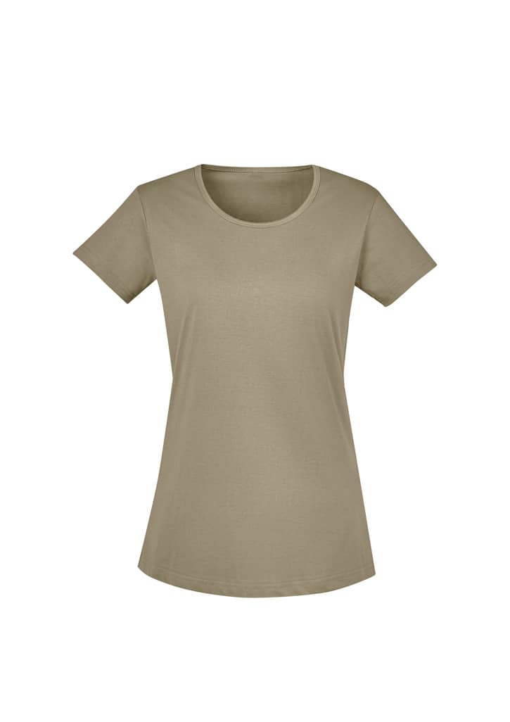A light olive green women's T-shirt with a round neckline and short sleeves, featuring a small logo.