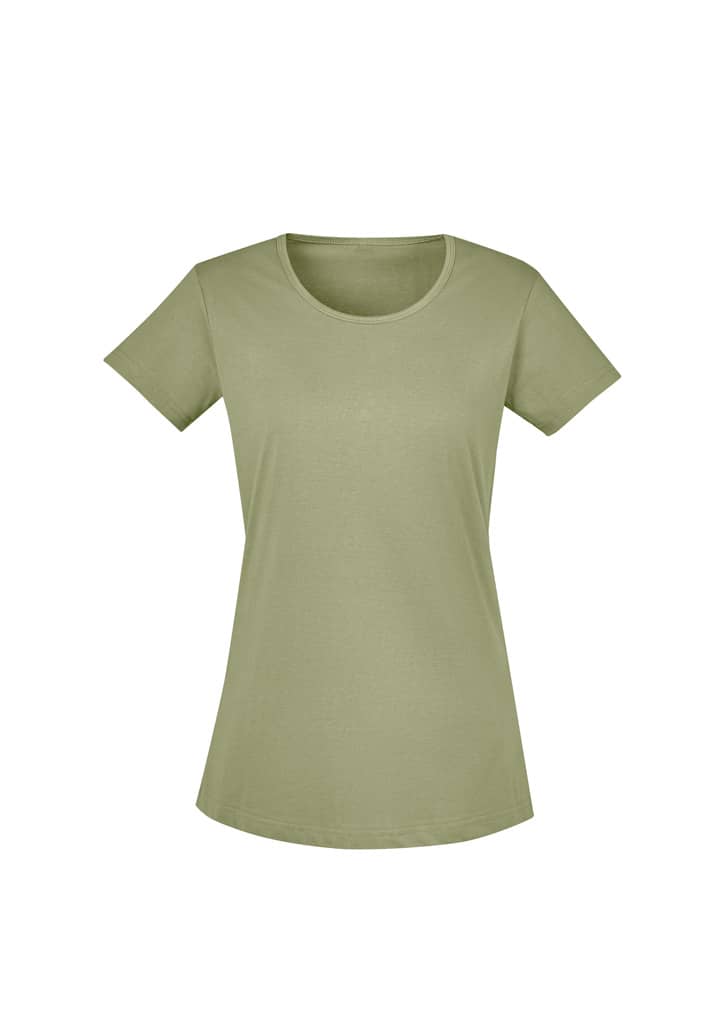 A light olive green women's t-shirt with short sleeves and a rounded neckline. It features a logo on the front.