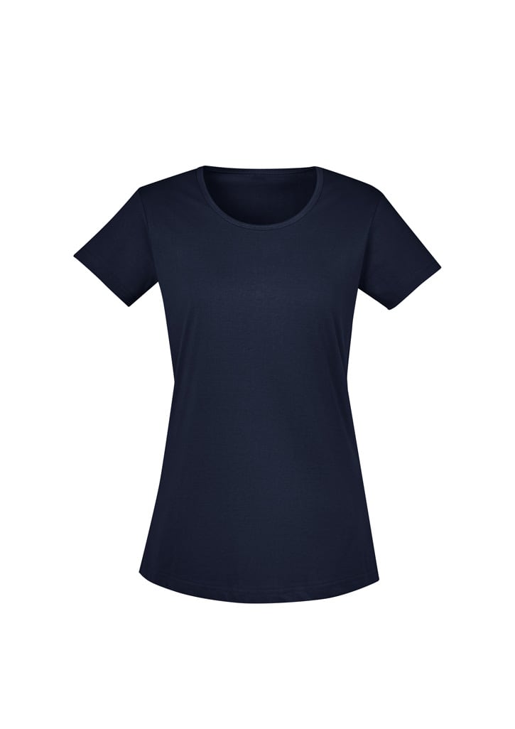 A navy blue women's t-shirt with a round neckline and short sleeves, featuring a logo.