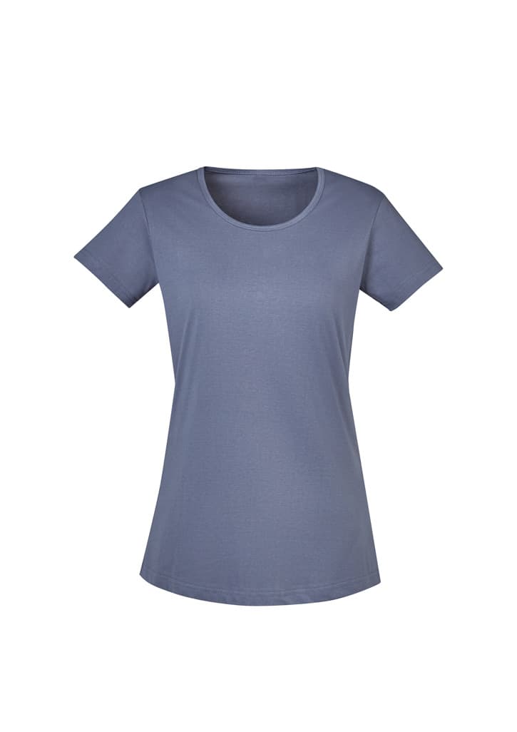 A blue women's T-shirt with short sleeves and a round neckline. It features a logo on one side.