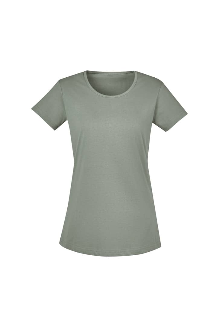 A women's short-sleeve T-shirt in a soft green hue, featuring a rounded neckline and a logo on the side.