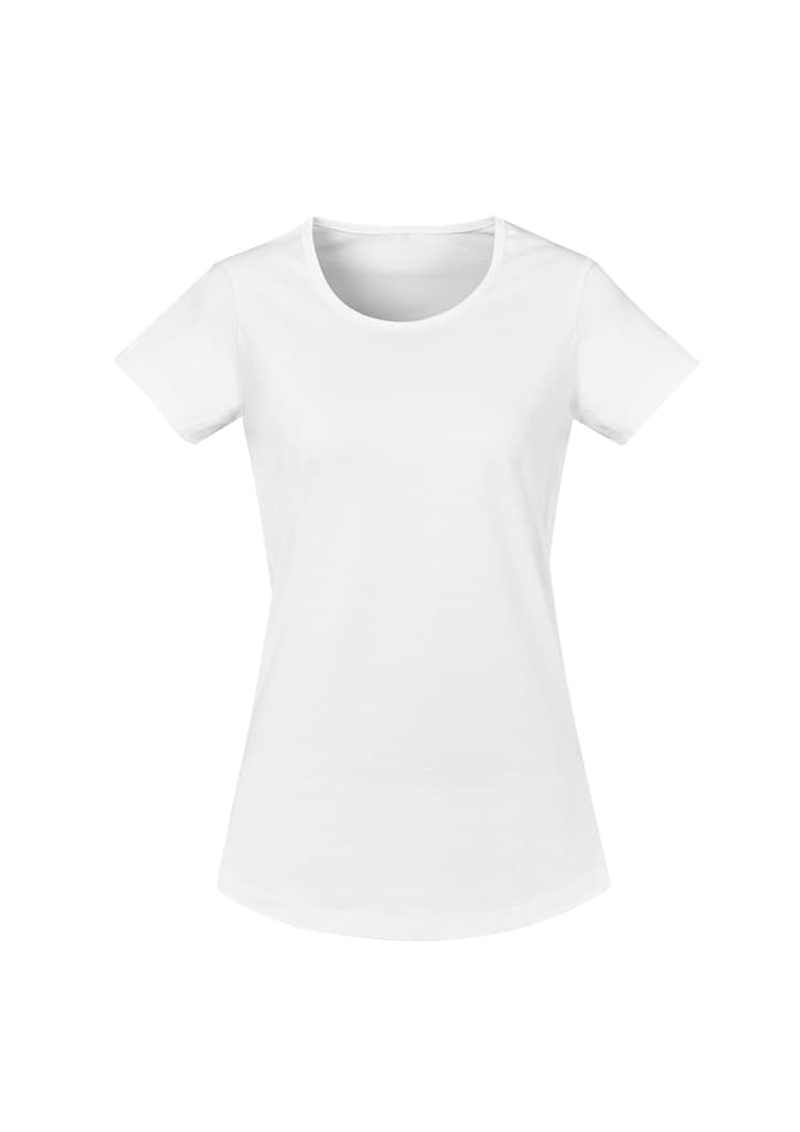 A white women's t-shirt with a round neckline and short sleeves, featuring a slight taper at the waist.