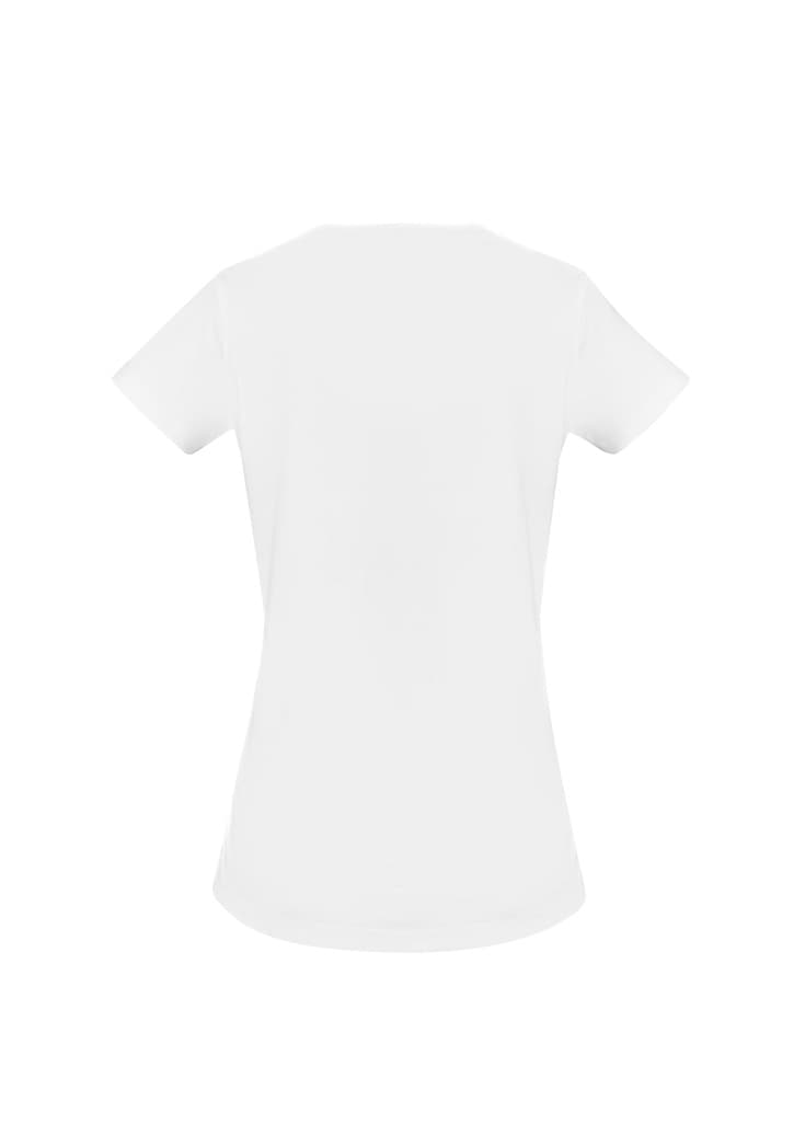 A white women's T-shirt with a fitted design and short sleeves, featuring a small logo on the back.