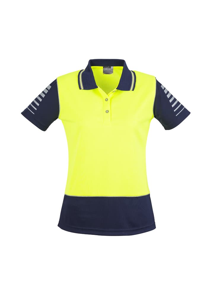 A women's short sleeve polo shirt in bright yellow with navy blue accents and a logo on the chest.