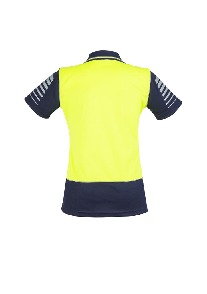 A high-visibility short sleeve polo shirt in bright yellow and navy blue, featuring a logo and striped details on the sleeves.