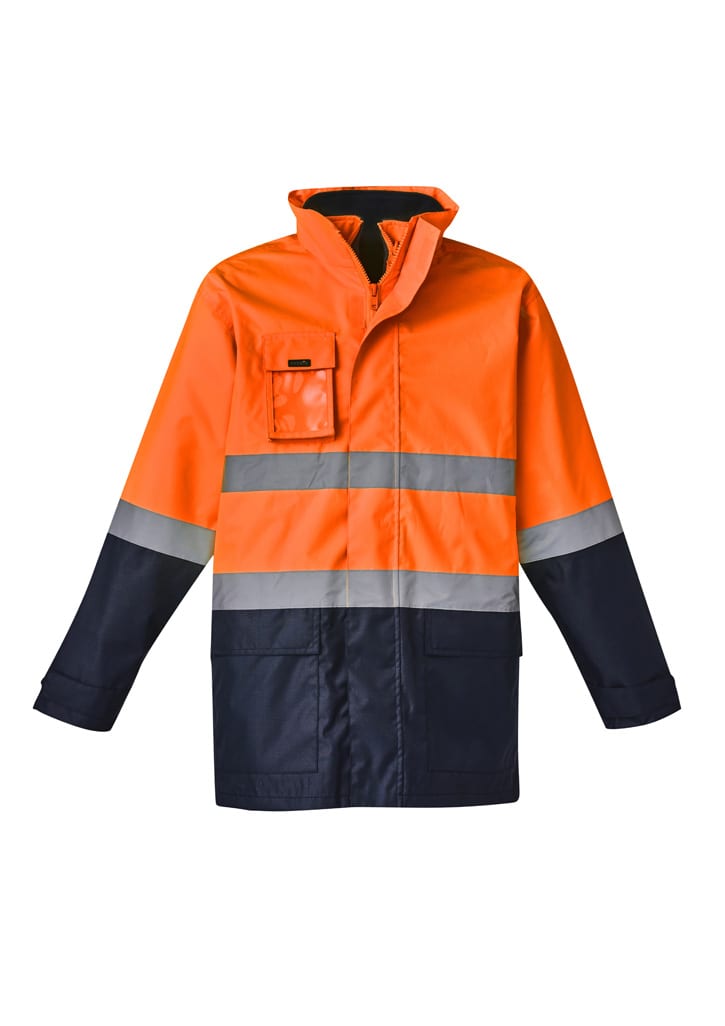 A waterproof jacket in orange and navy with reflective stripes and a front pocket. Branding is present.