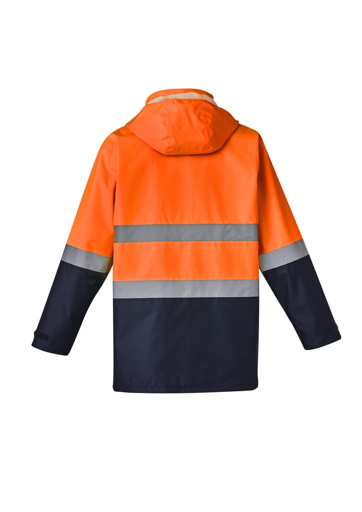 A waterproof jacket featuring a bright orange upper with navy blue lower sections and reflective stripes. It has a hood and a logo.