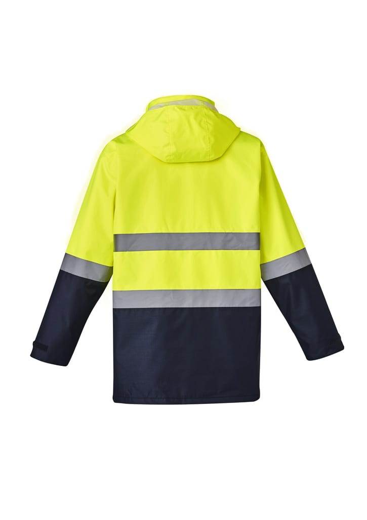 A waterproof jacket in hi-vis yellow and navy blue, featuring reflective stripes and a hood. It has a branding logo.