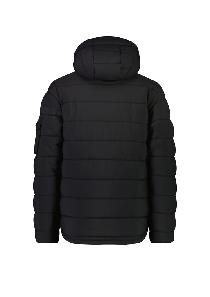 A black unisex hooded puffer jacket with a quilted design and a logo on the sleeve.
