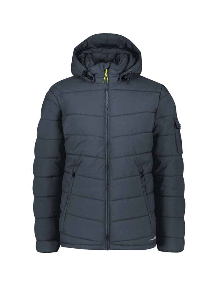 A dark grey unisex hooded puffer jacket with a zip front and side pockets, featuring a logo on the sleeve.