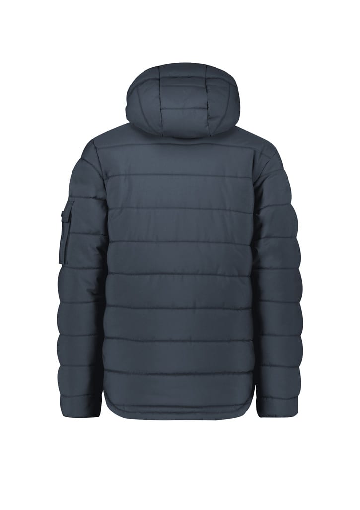 A back view of a dark grey Unisex Streetworx hooded puffer jacket featuring a logo on the sleeve.