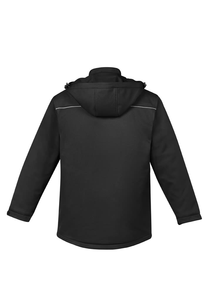 A unisex Antarctic softshell jacket in black, featuring a hood and a logo on the back.