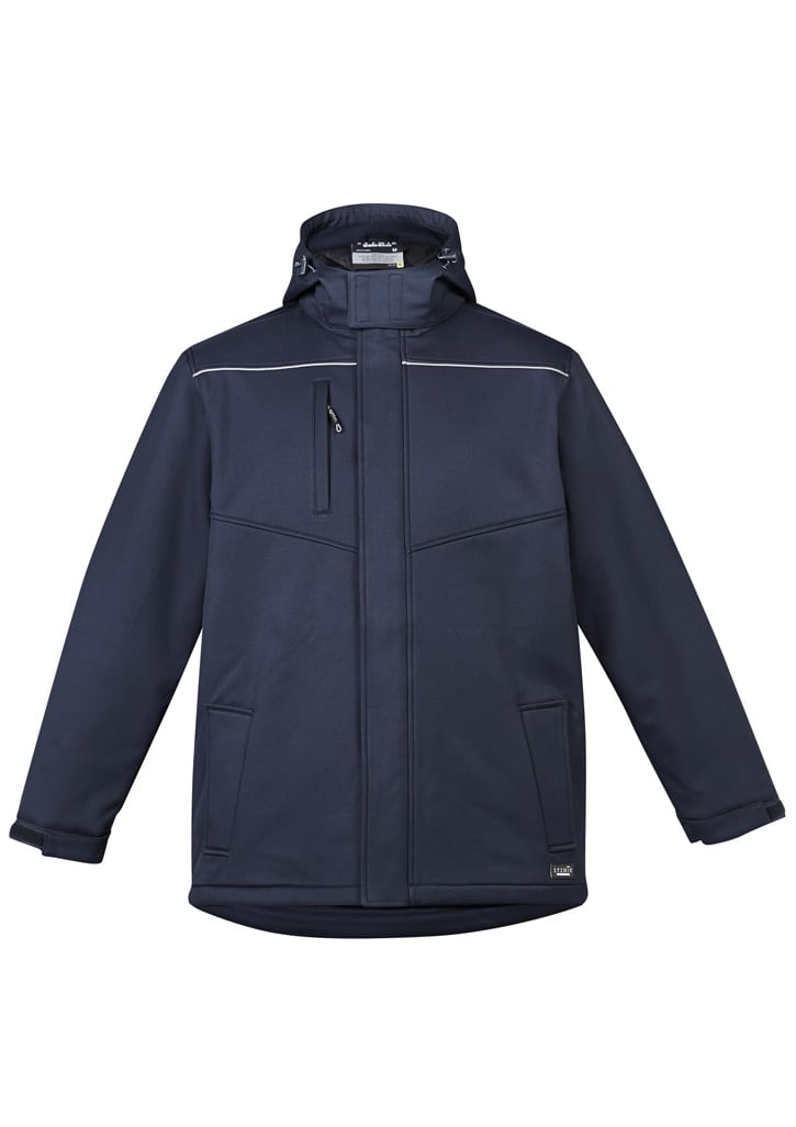 A navy unisex softshell jacket with a zip front, hood, and pockets. It features contrasting trim and a logo.