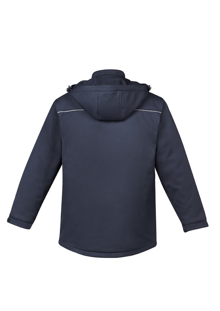A navy unisex softshell jacket with a hood and reflective detailing on the back. It features a logo.