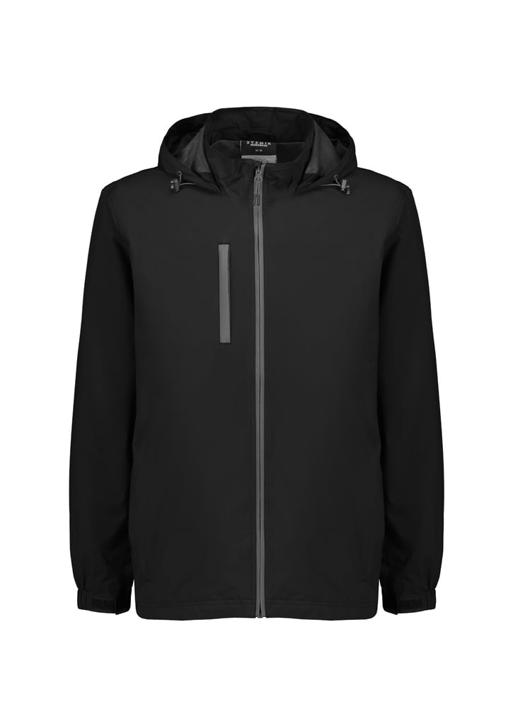 A black unisex light packable rain jacket with a hood and front zip, featuring a reflective logo.