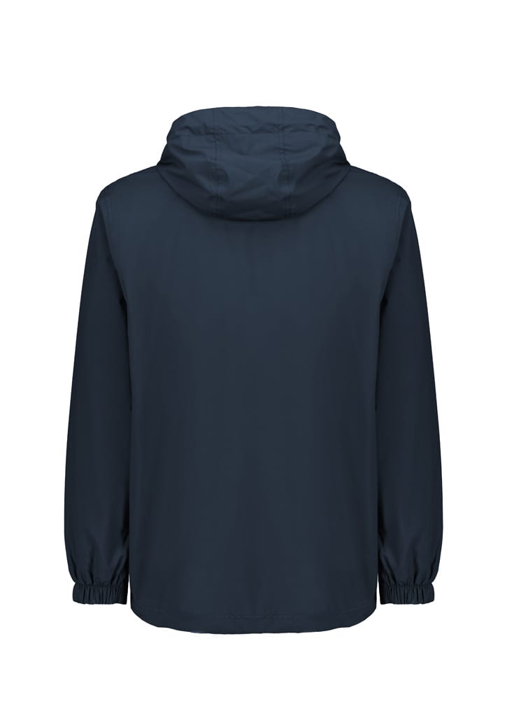 A unisex super light packable rain jacket in dark blue with an adjustable hood and elastic cuffs. It features a logo.