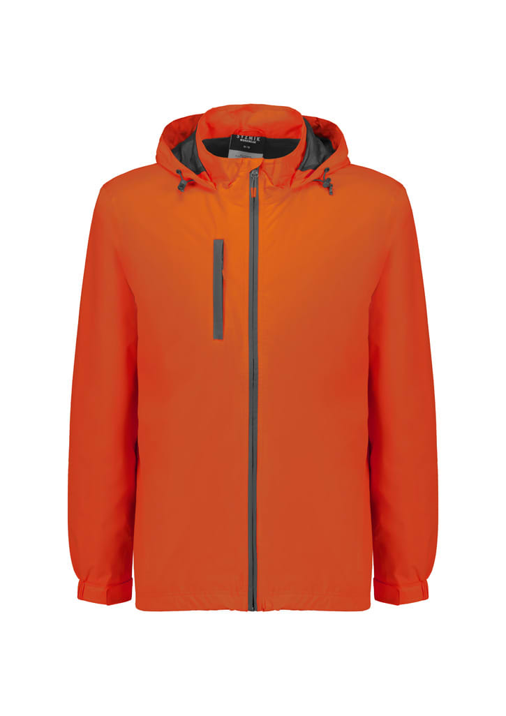 A bright orange unisex rain jacket with a hood and a front zip closure. It features a logo on the chest.