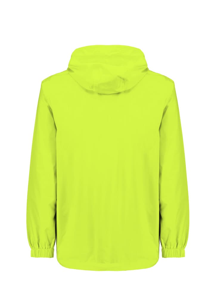 A bright yellow unisex packable rain jacket with a hood, featuring elastic cuffs and a clean design.
